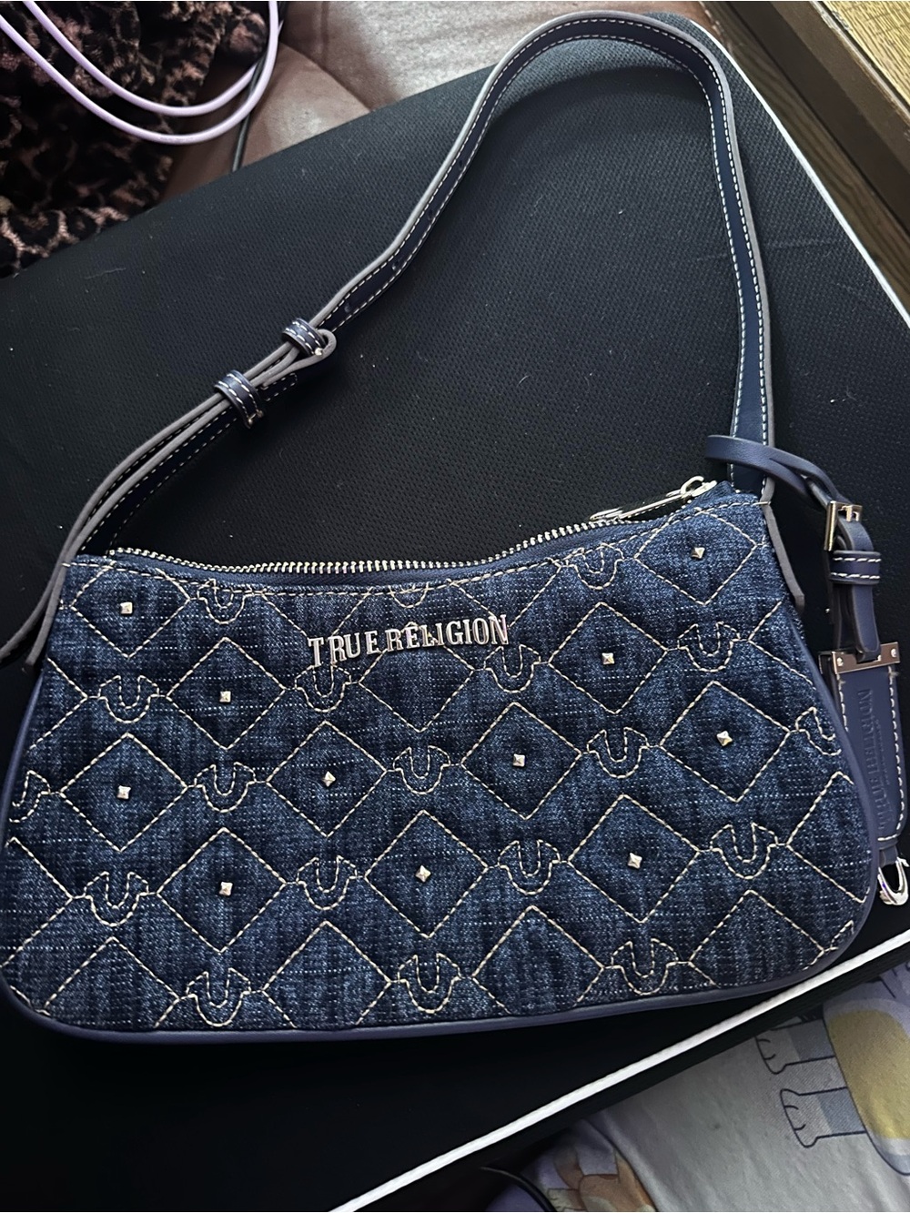 True Religion Dark Blue Quilted Denim Shoulder Bag with Studs